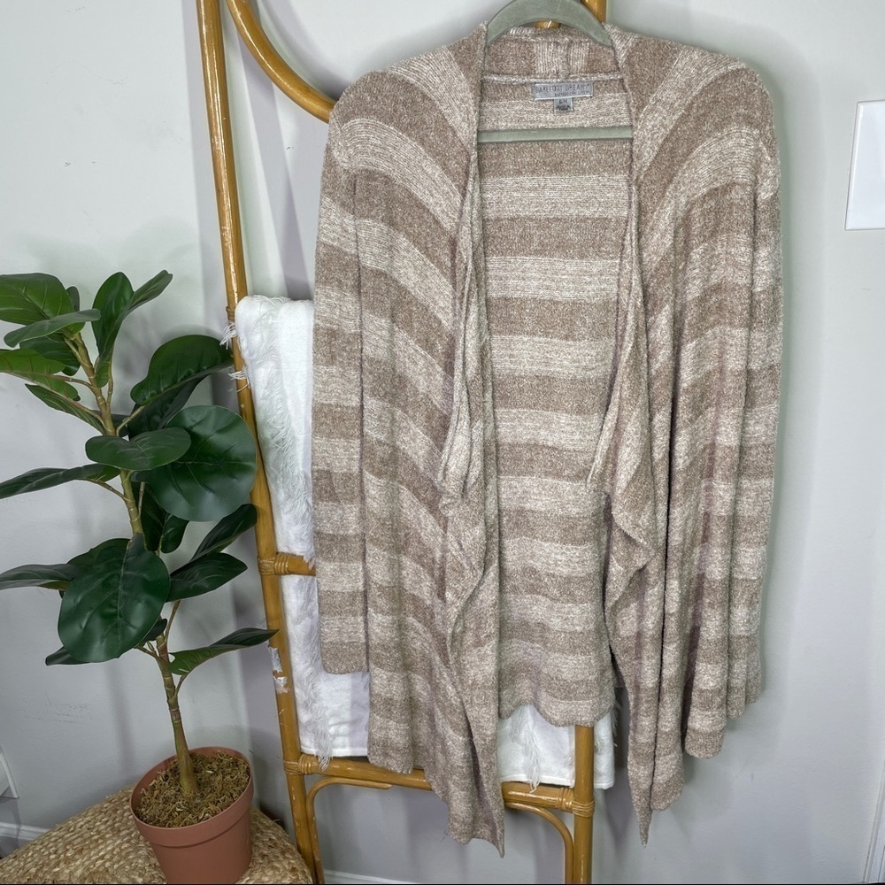 Barefoot Dreams Bamboo Chic Lite Taupe Striped Cardigan sz S/M - Picture 3 of 8